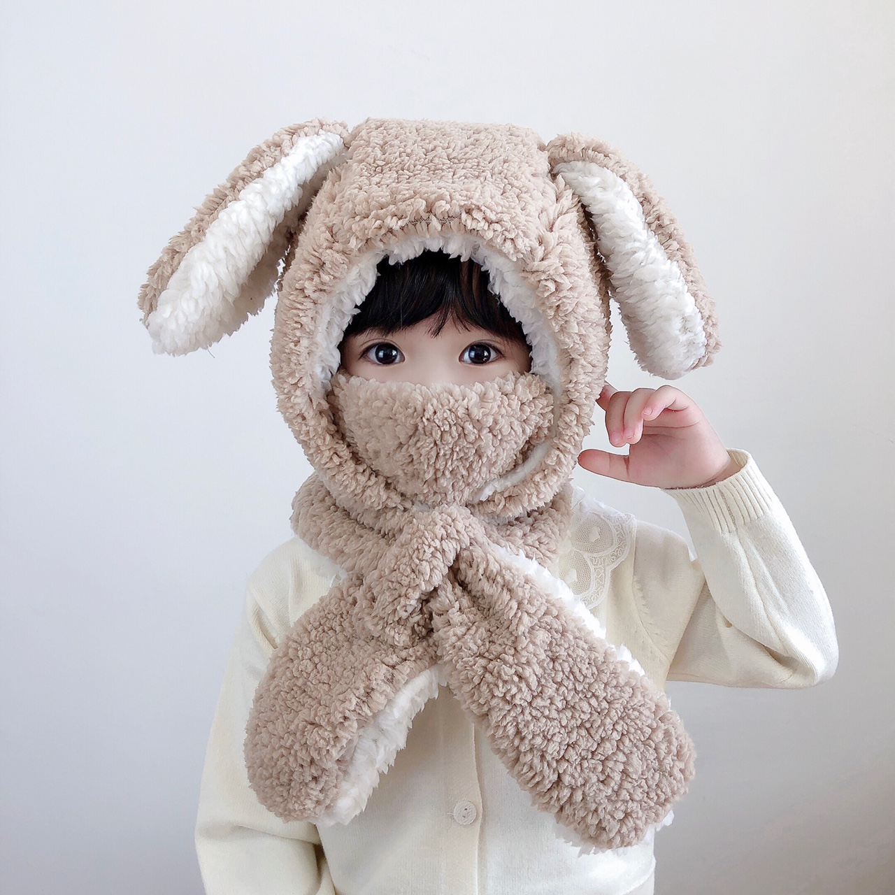 儿童毛绒口罩帽子围巾三件套