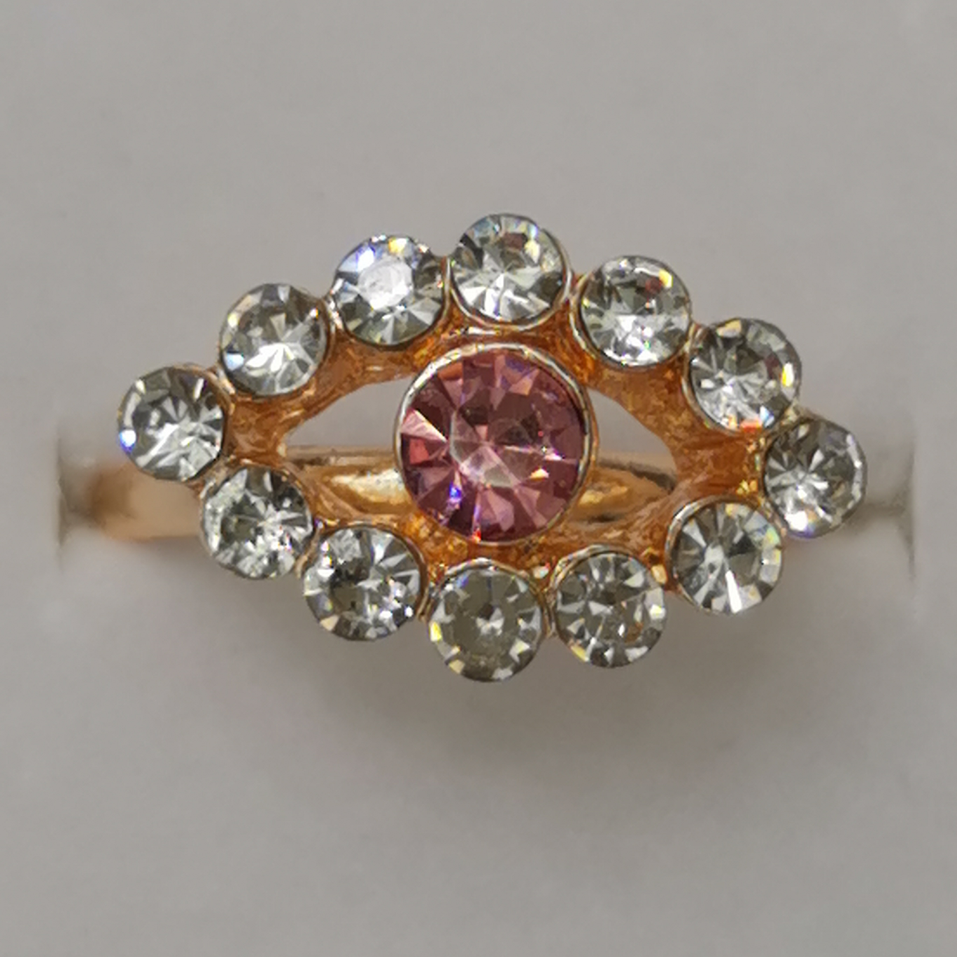 Pink rhinestones, plated gold, open alloy ring thumbnail