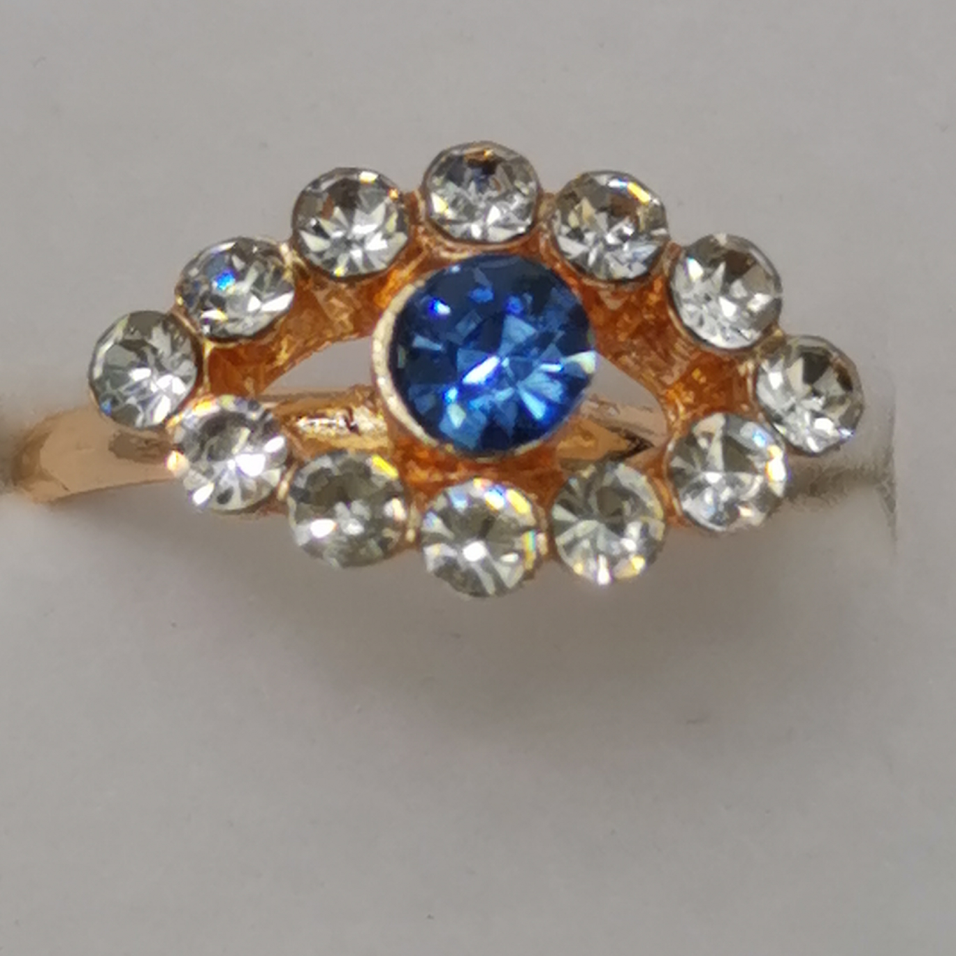 Sky blue rhinestones, plated gold open alloy ring thumbnail