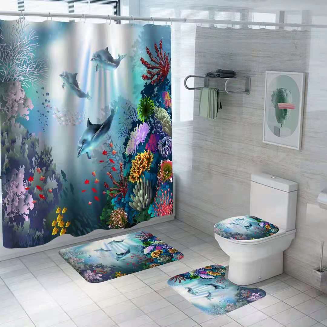 数码印浴帘马桶盖套坐垫U字形四件套产品图