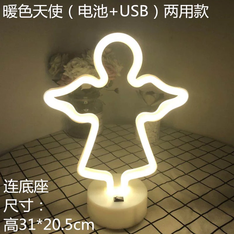 LED shaped light, ins Korean style flamingos, led decorative night light, Christmas color light, round base, neon light, battery, USB dual-purpose, angel warm white