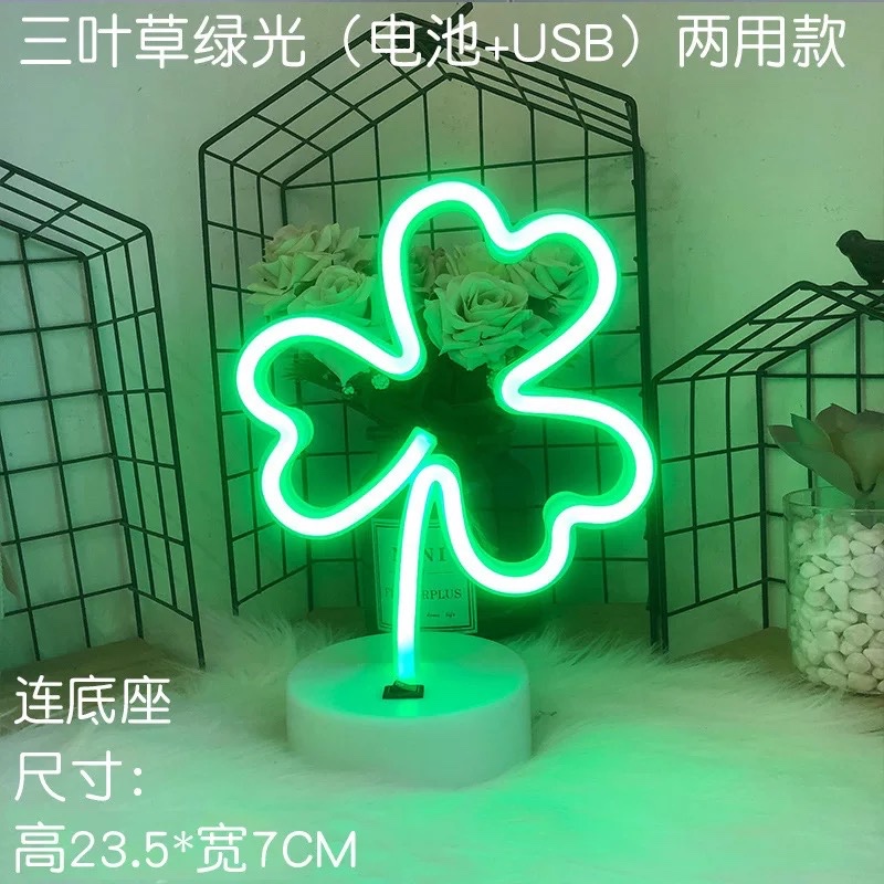 LED Modeling lights ins Korean style Flamingo led decorative nightlight Christmas lights Circular Base Neon battery USB double use clover green