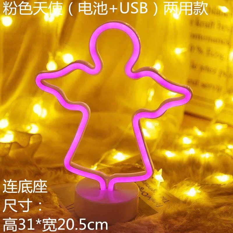 LED shaped light, ins Korean style flamingos, led decorative night light, Christmas color light, round base, neon light, battery, USB dual-purpose, angel pink