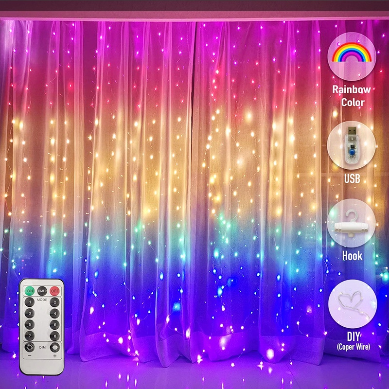 LED rainbow copper wire light Curtain light waterfall light Room decoration copper wire light ins star background decorative light string light 3*3 rainbow color