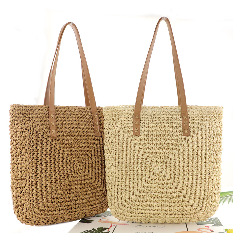 新款ins大容量草编包单肩包纸绳休闲女包编织包沙滩包