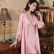 新款丝绸蕾丝花边睡袍两件套性感女士家居服套装款号H059尺码:M L XL