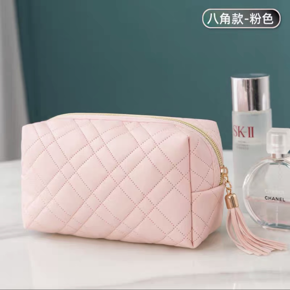 PU面料压花化妆包方形包-粉色