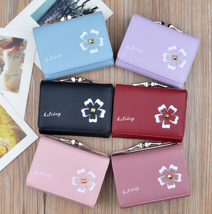 Short wallet for girls, a cute Korean-style student coin purse, a fresh and fashionable printed solid-color flower folding wallet details Picture