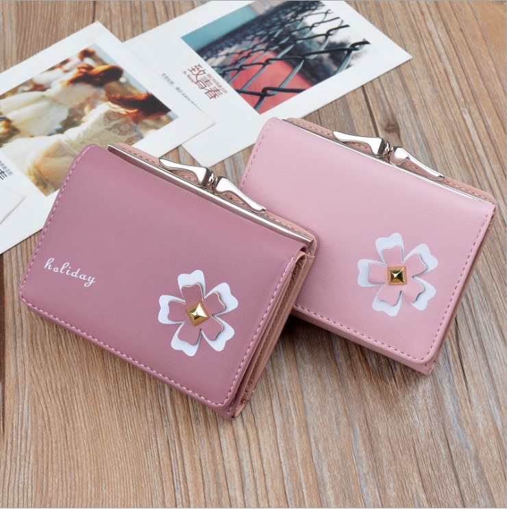 Short wallet for girls, a cute Korean-style student coin purse, a fresh and fashionable printed solid-color flower folding wallet Specification image
