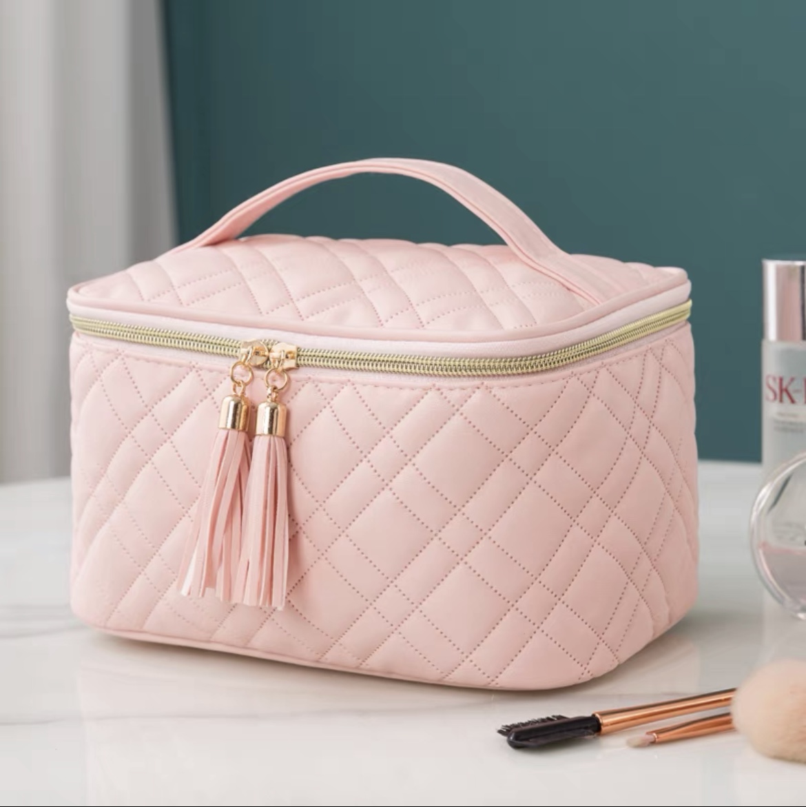 PU面料压花化妆包手提款-粉色图