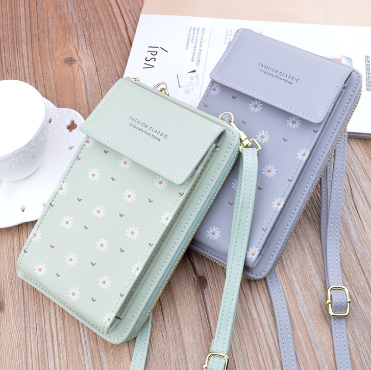 2021 New style mobile phone bag, women's wallet, Korean version, large capacity printed zipper, long clutch, crossbody single-shoulder bag Specification image