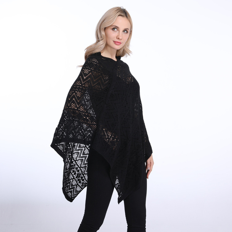 New large-sized European and American foreign trade women's clothing loose and slimming with hollowed-out hook pattern irregular pullover cape detail image 5