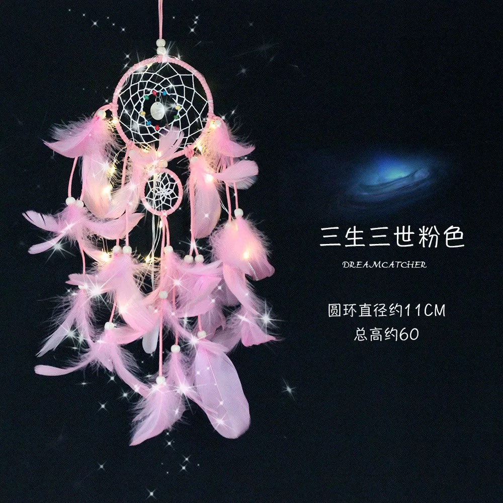Three life three round lamp dream catcher home decoration light string dream catcher ten peach blossom girl heart dream catcher with light pink