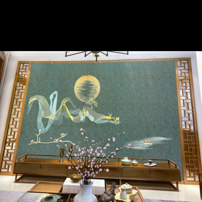 日行千里（墨绿）独绣背景刺绣墙布玄关客厅卧室别墅现代中式欧式简欧北欧无缝壁布图