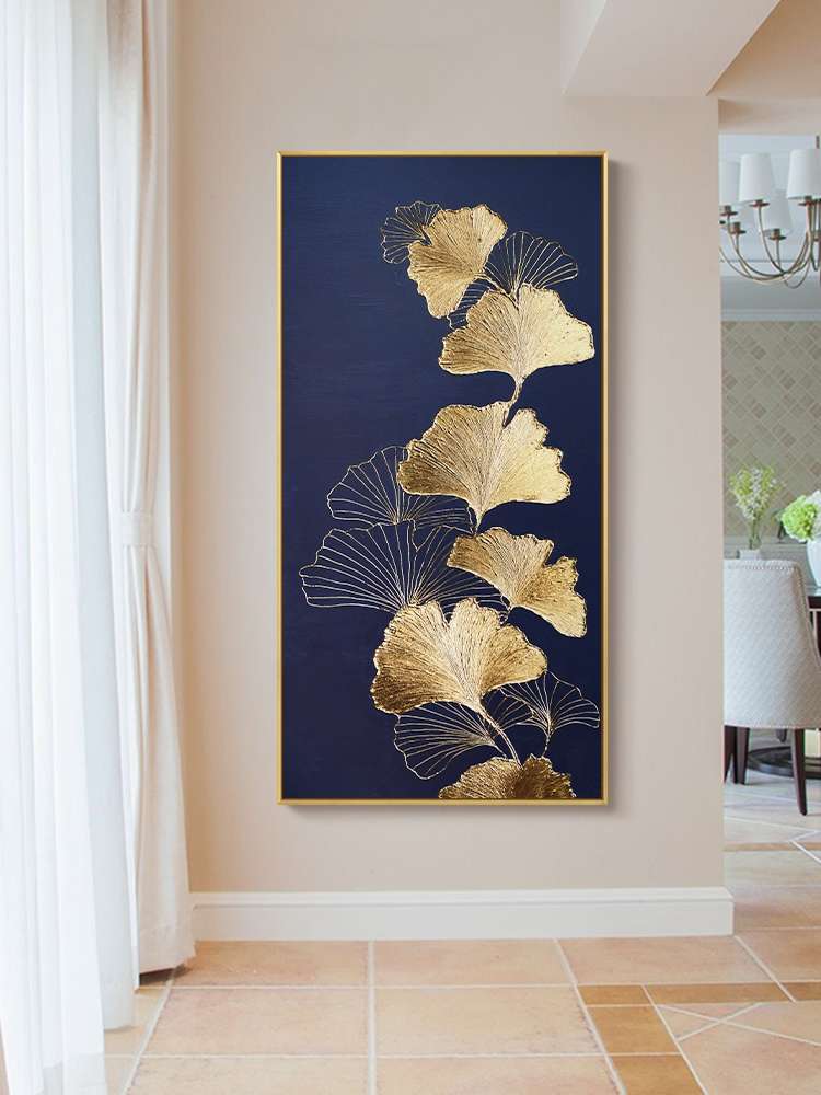 Light Luxury Porch Decorative Painting Vertical Version Hand-Painted Gold Leaf Ginkgo Leaf Corridor Hanging Picture Into The Household Atmosphere Modern Simple details Picture