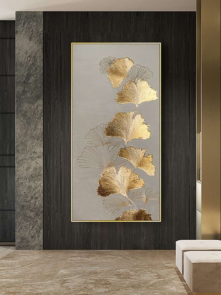 Light Luxury Porch Decorative Painting Vertical Version Hand-Painted Gold Leaf Ginkgo Leaf Corridor Hanging Picture Into The Household Atmosphere Modern Simple Application Scenario