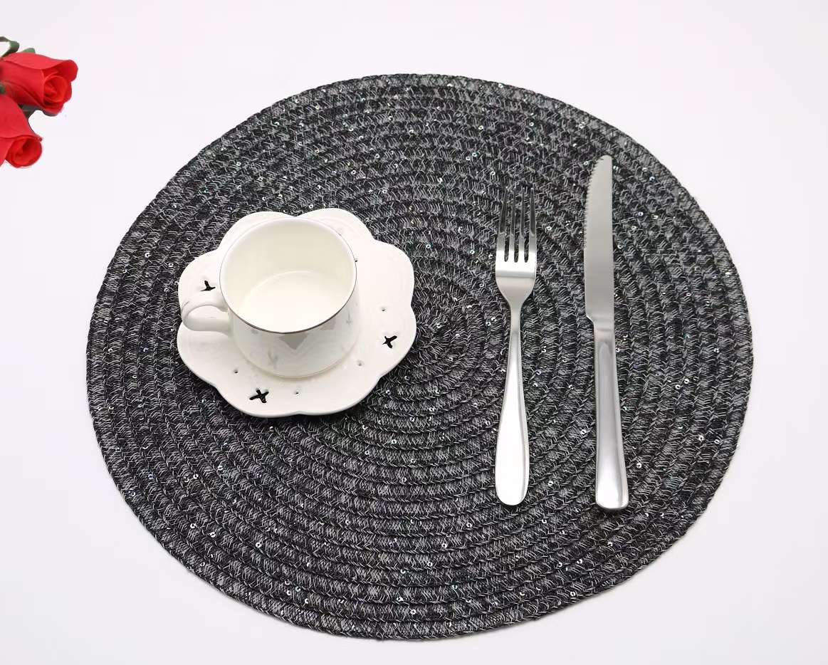 Woven round mat in a modern bedroom