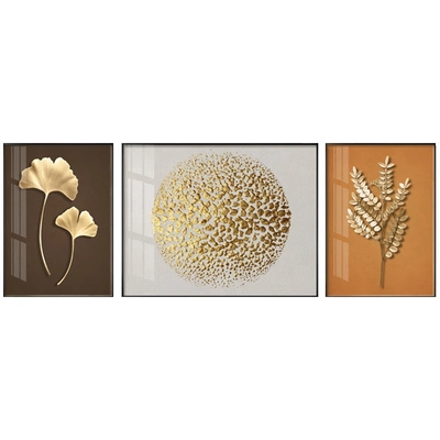 Modern Light Luxury Living Room Decoration Painting Simple Restaurant Oil Ginkgo Biloba Nordic Sofa Background Wall Hanging Painting Triptych