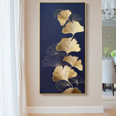 Light Luxury Porch Decorative Painting Vertical Version Hand-Painted Gold Leaf Ginkgo Leaf Corridor Hanging Picture Into The Household Atmosphere Modern Simple