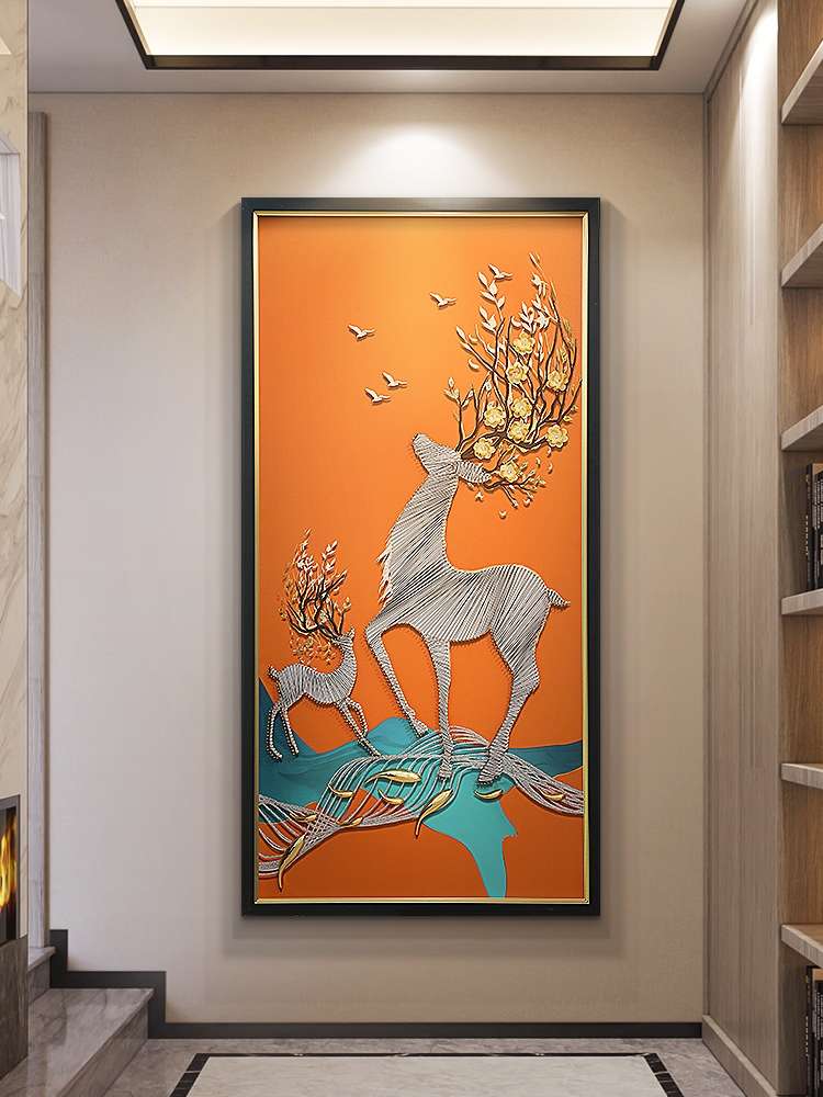 Porch Decorative Painting Vertical Version Deer Light Luxury Corridor Corridor Nine Fish Picture Hanging Picture Modern Simple Living Room Background Wall Item Picture