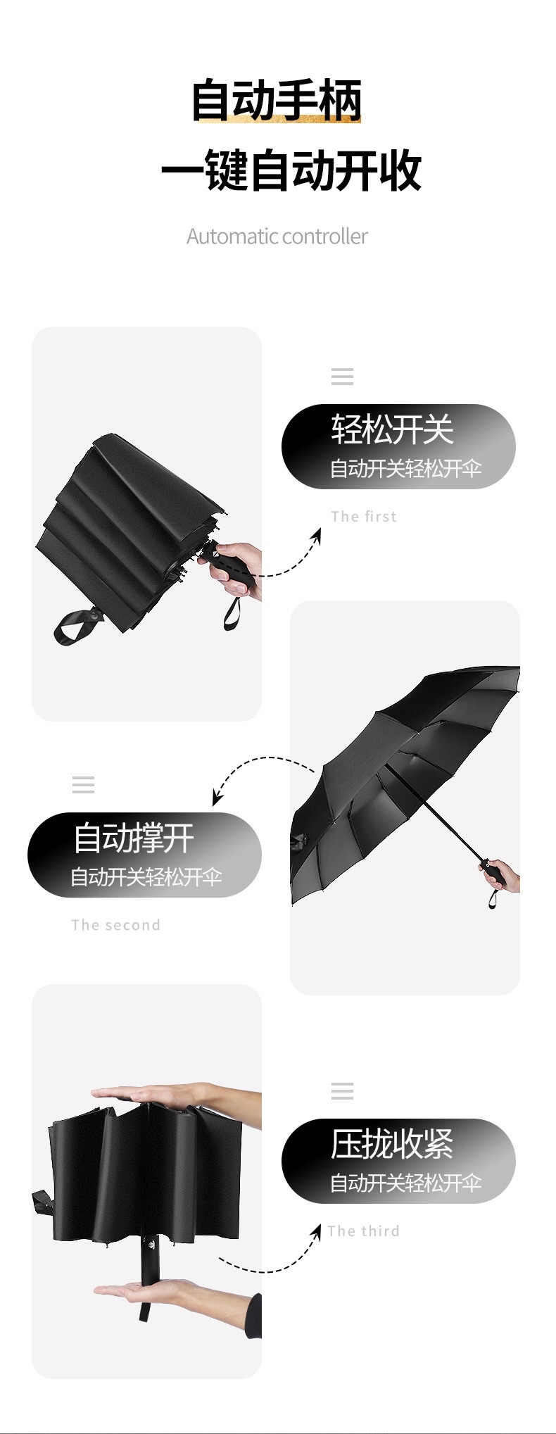 千家旺12骨自动商务遮阳防晒晴雨两用黑胶太阳伞，厂家批发可定制广告  要12黑胶自动伞联系我手柄一样的详情图9