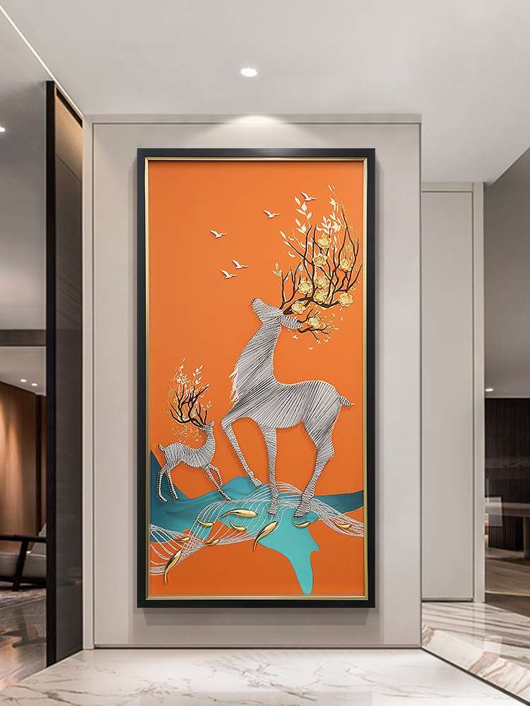Porch Decorative Painting Vertical Version Deer Light Luxury Corridor Corridor Nine Fish Picture Hanging Picture Modern Simple Living Room Background Wall full figure