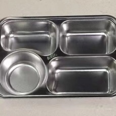 A small four-compartment stainless steel takeout fast food box