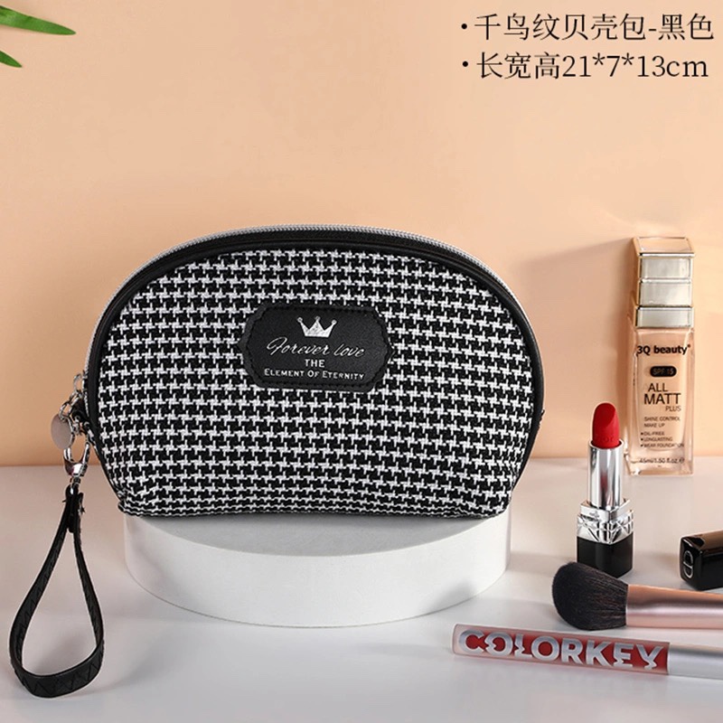 千鸟格贝壳化妆包-黑色