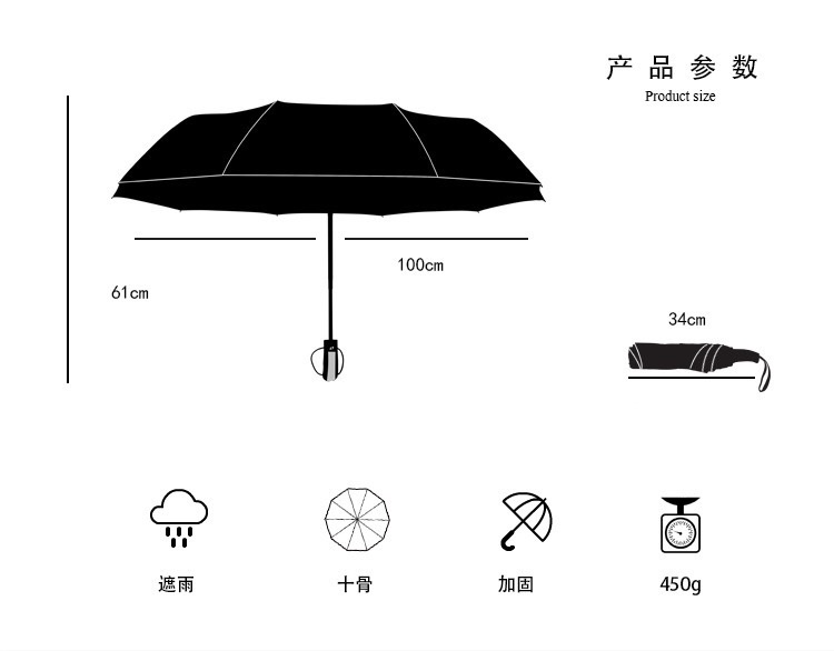 千家旺三折全自动10骨黑胶防嗮伞自开自收折叠商务广告伞雨伞定制logo 1101白底实物图