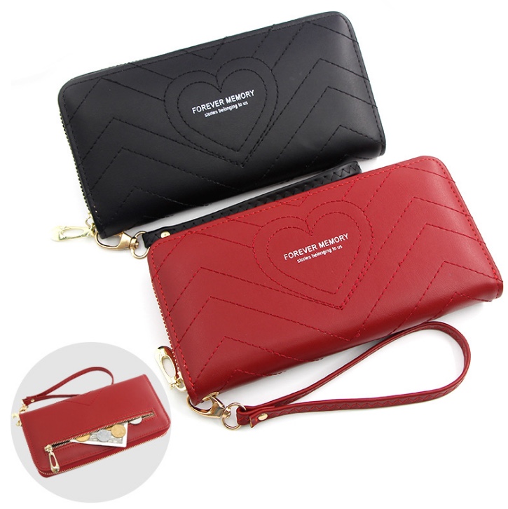 现货纯色钱夹爱心纹压花女士钱包韩版长款单拉软面手拿包