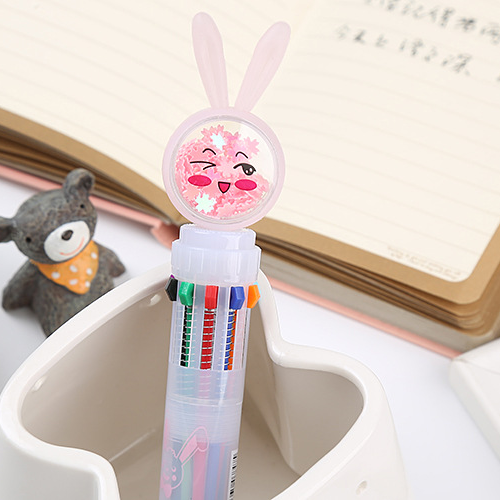 创意兔子十色圆珠笔卡通亮片彩色油性笔 可爱学生多色圆珠笔批发