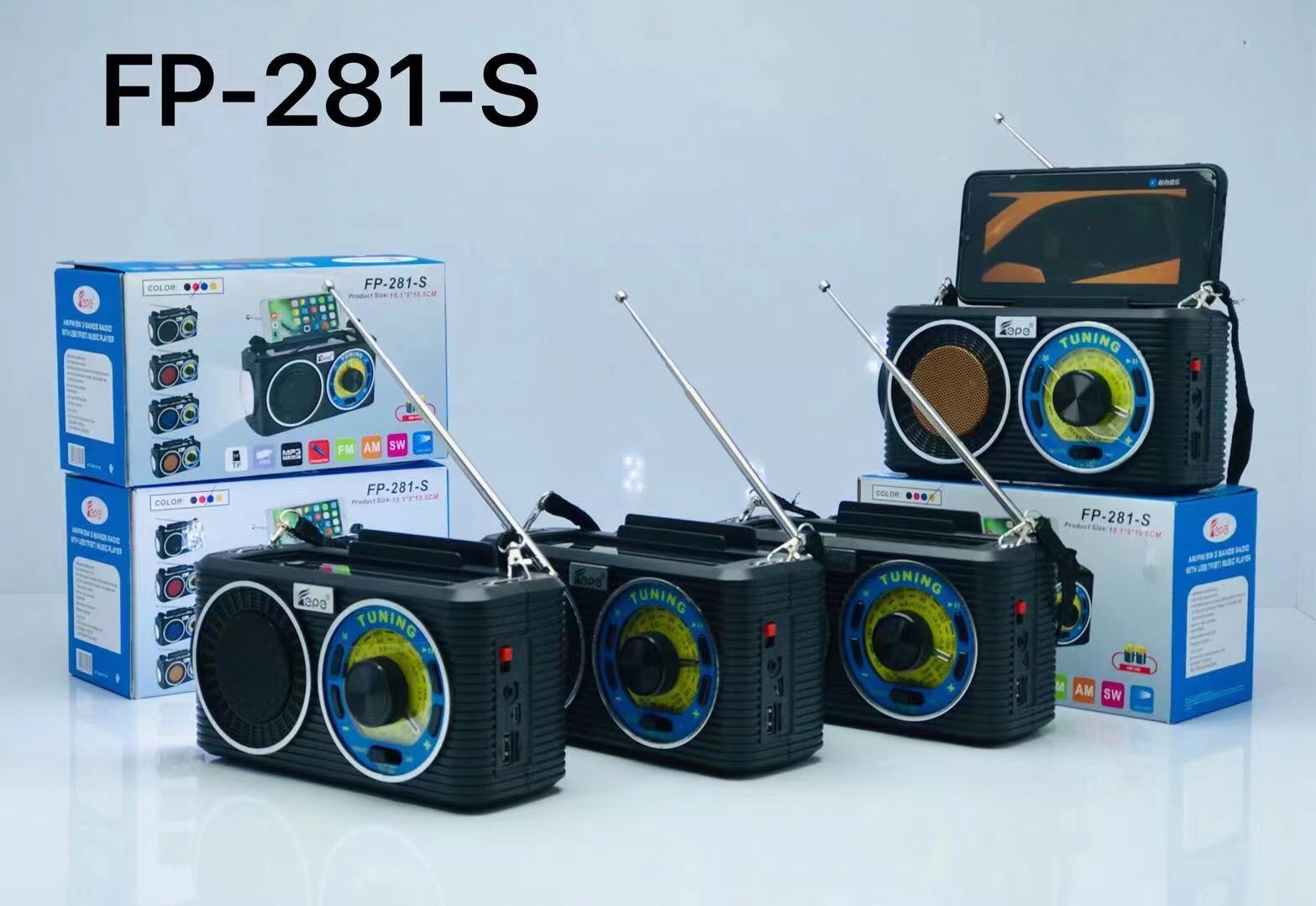 New speaker FP-281-S, solar flashlight, external antenna radio details Picture