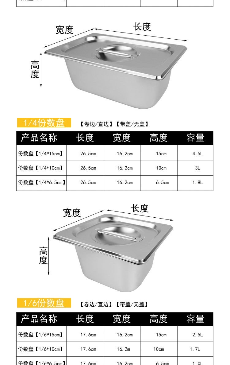 不锈钢份数盆1/1加厚带盖自助餐食物盆不锈钢长方形分数盘6.5cm深连盖详情图8