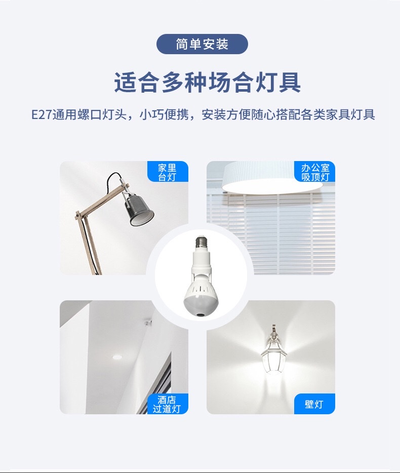 360度全景灯泡摄像头 VR鱼眼万向可旋转灯泡室内安防监控摄像机详情图5