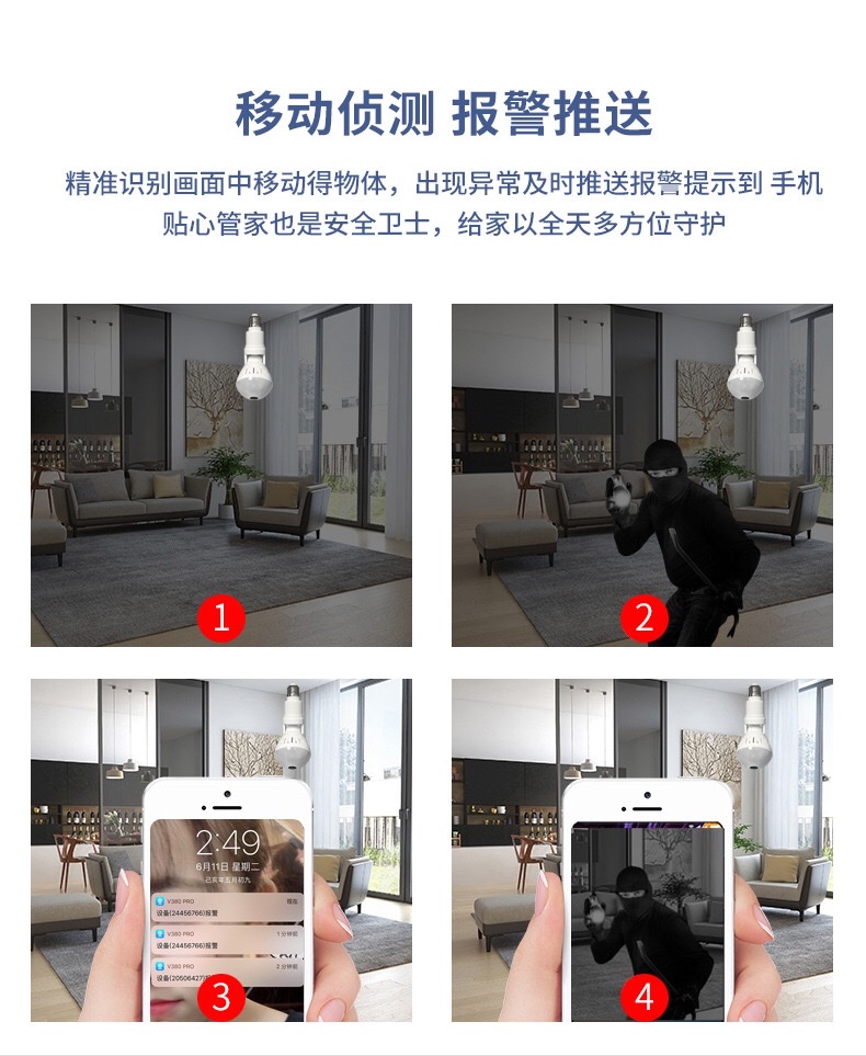 360度全景灯泡摄像头 VR鱼眼万向可旋转灯泡室内安防监控摄像机详情图20