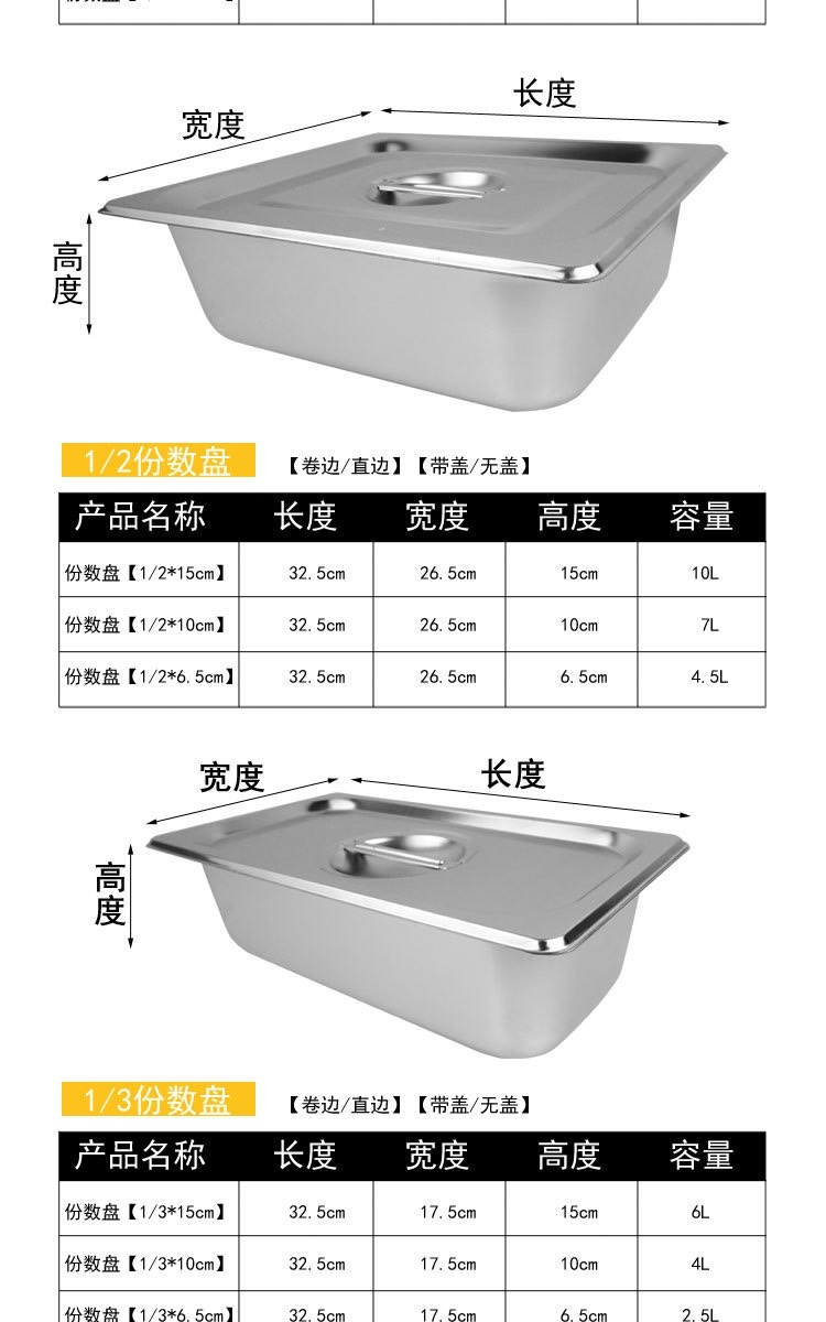 不锈钢份数盆1/1加厚带盖自助餐食物盆不锈钢长方形分数盘15cm深连盖详情图7