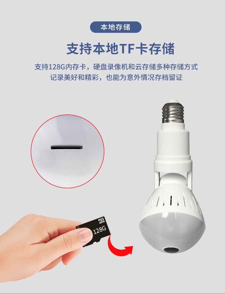 360度全景灯泡摄像头 VR鱼眼万向可旋转灯泡室内安防监控摄像机详情图2