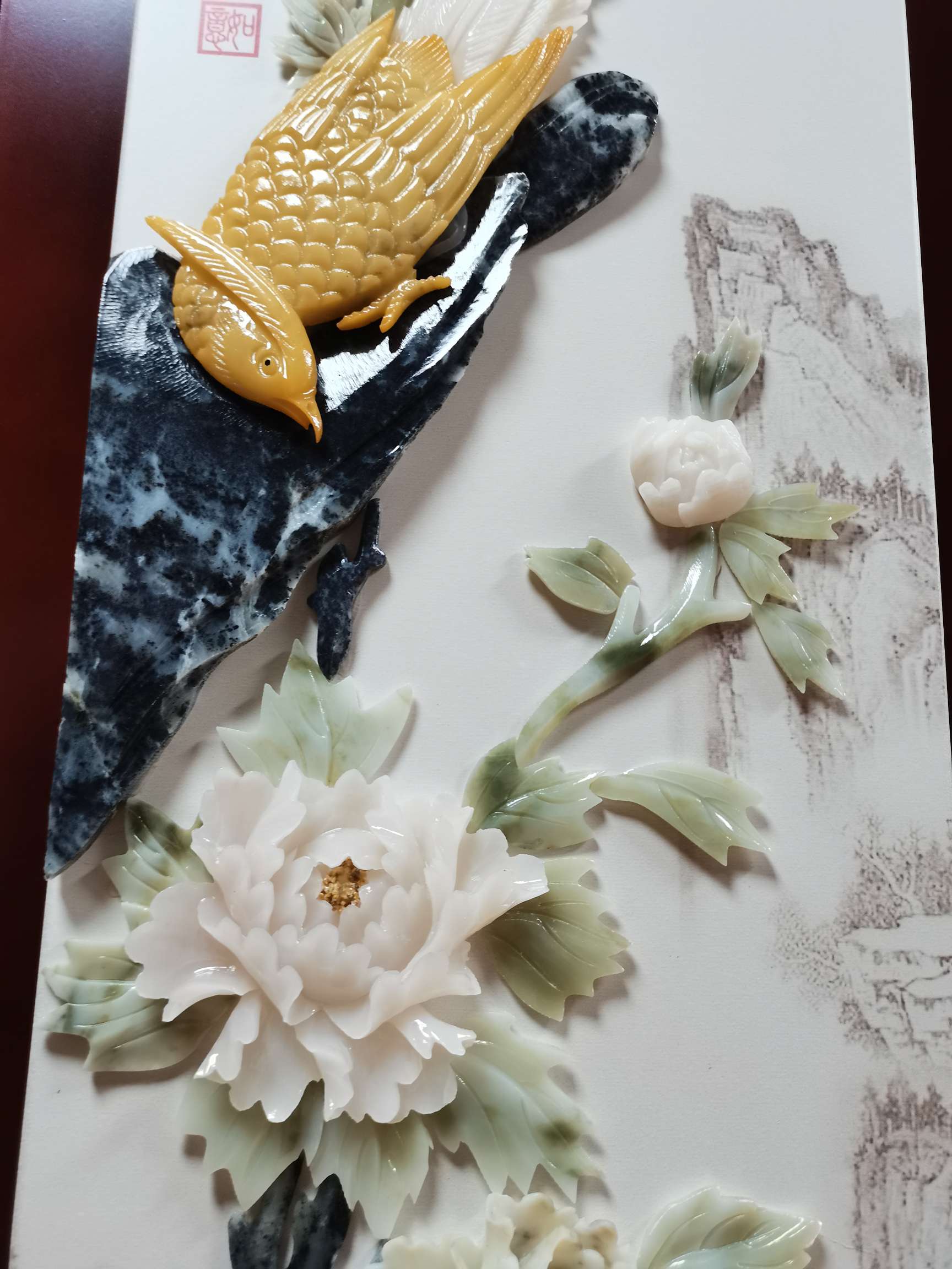 Whiteboard Peony Picture New Chinese Jade Carving Painting 3D Three-Dimensional Decorative Painting Chinese Living Room Dining Room Mural Sofa Background Painting Hotel Teahouse Hanging Painting Four Screens Hand-Carved undefined
