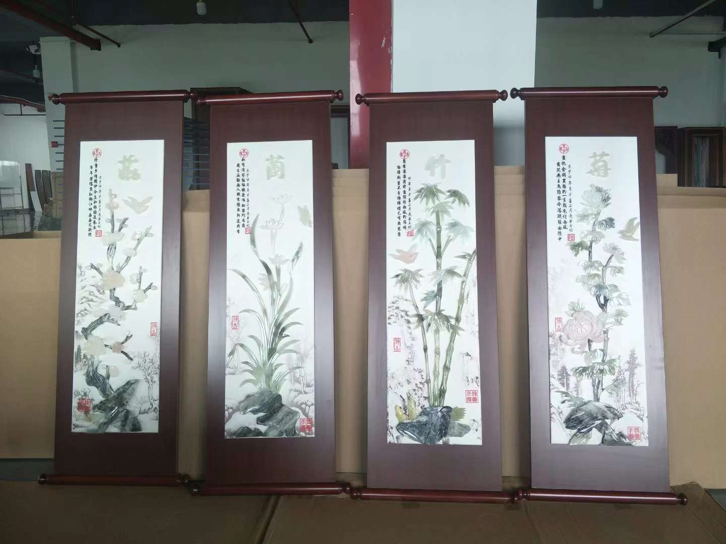 Whiteboard Peony Picture New Chinese Jade Carving Painting 3D Three-Dimensional Decorative Painting Chinese Living Room Dining Room Mural Sofa Background Painting Hotel Teahouse Hanging Painting Four Screens Hand-Carved Specification drawing