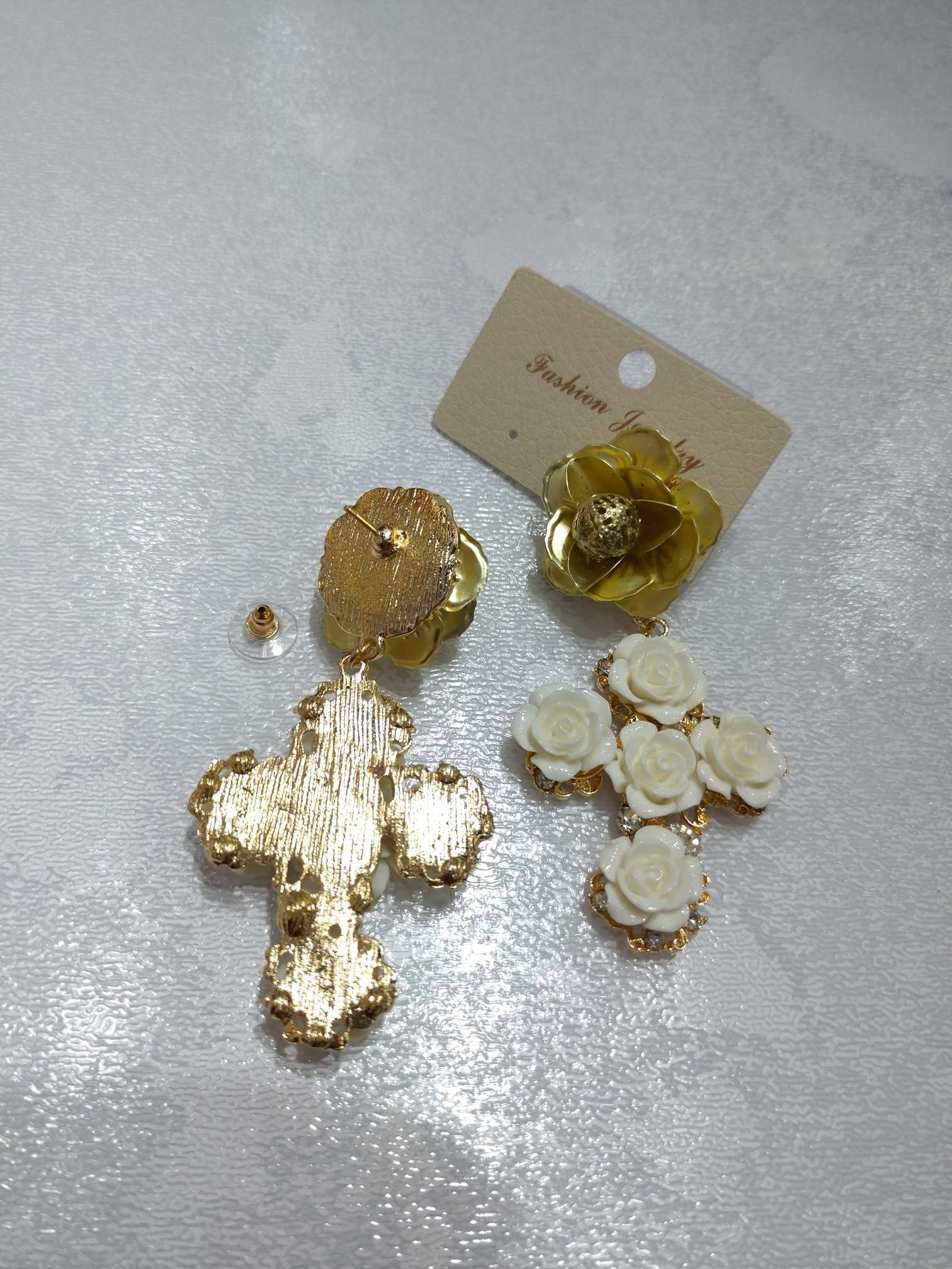 耳环巴洛克镶钻十字架耳钉花朵耳坠详情图1
