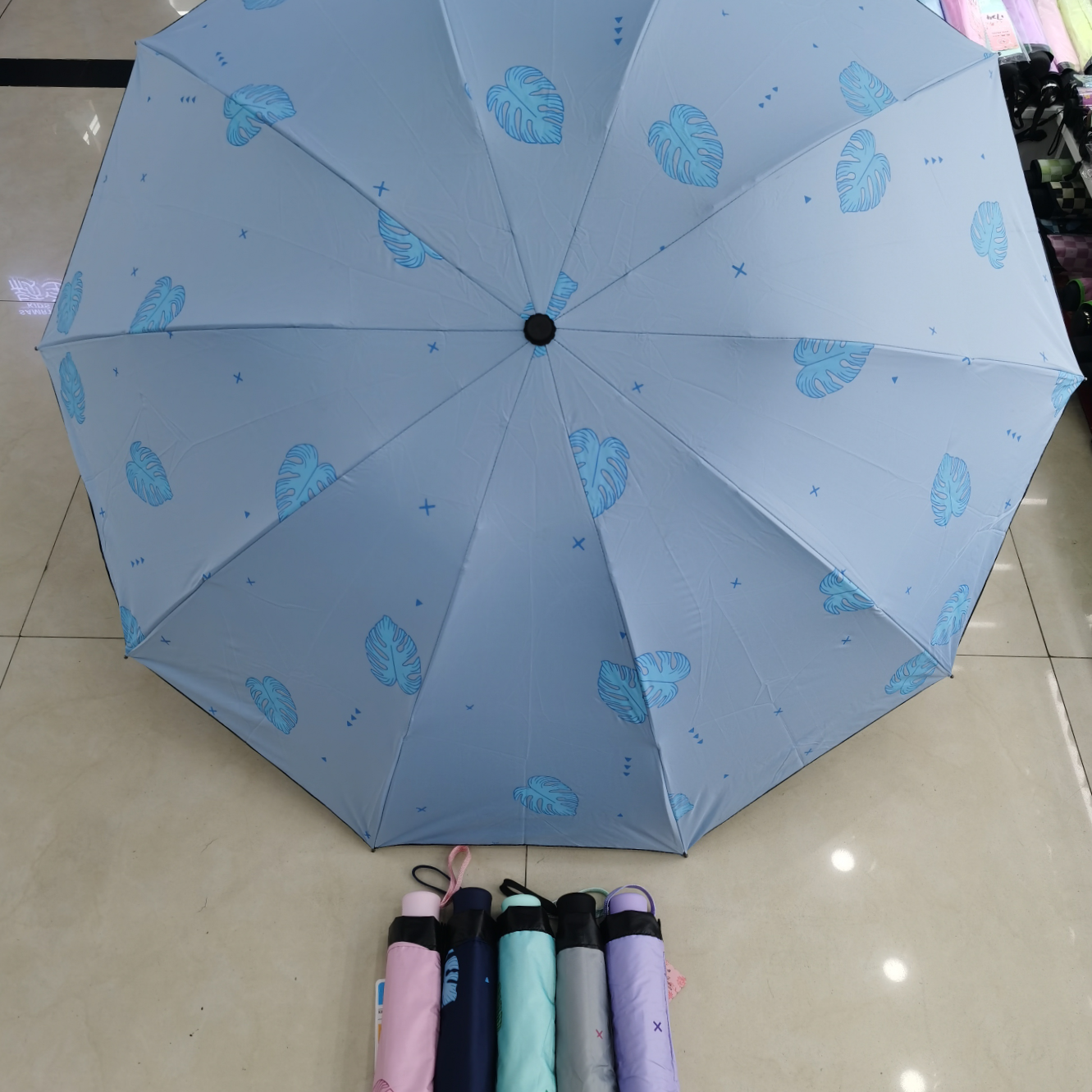 A printed umbrella for both sunny and rainy days