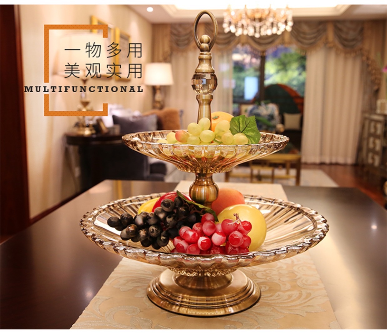 European-style double-layer glass fruit platter, modern creative fruit platter, dried fruit platter, home living room coffee table decoration, luxurious fruit basin detail image 1