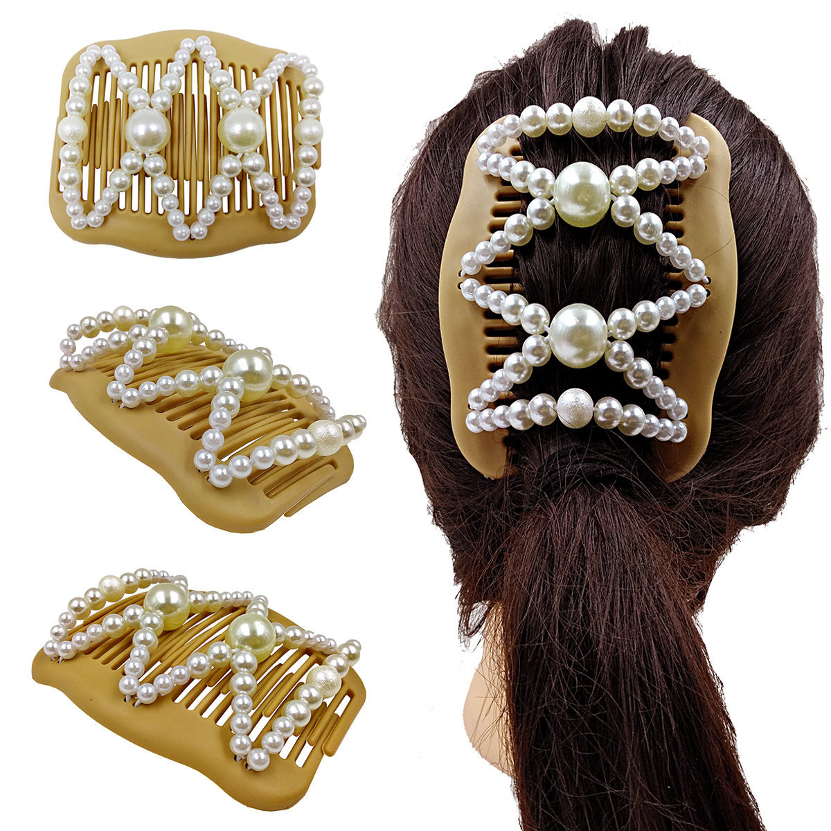 FLY27 Europe and the United States new imitation wood double row insert comb pearl variable hair comb magic hair comb beaded disc hair device insert comb