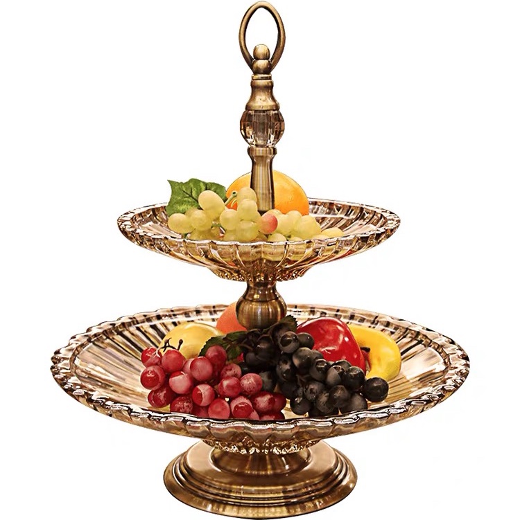 European-style double-layer glass fruit platter, modern creative fruit platter, dried fruit platter, home living room coffee table decoration, luxurious fruit basin