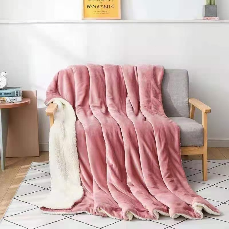 素色法兰绒+羊羔绒双层毯子毛毯详情图2
