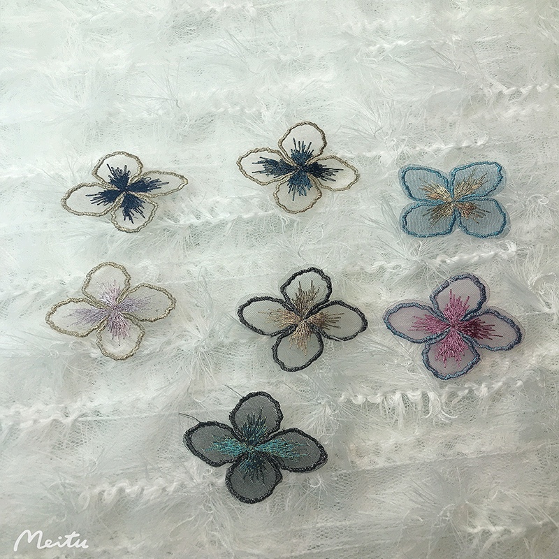 diy ancient-style headwear accessories with purple cherry blossom language gradient embroidery, net gauze flower pieces, gold thread, glass gauze, four-petal flowers details Picture