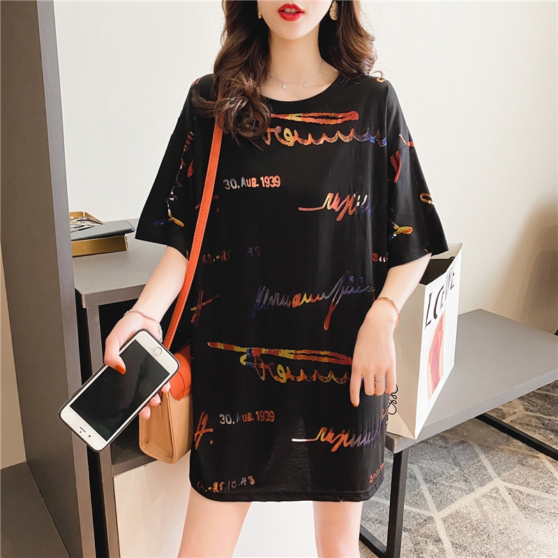 中长款t恤女短袖夏季2021年新款韩版宽松圆领半袖打底衫上衣ins潮