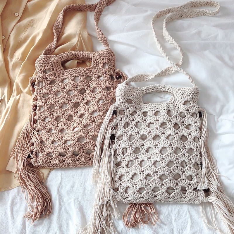 森系文艺复古木珠流苏棉线包钩花镂空韩国棉线编织包斜挎女包