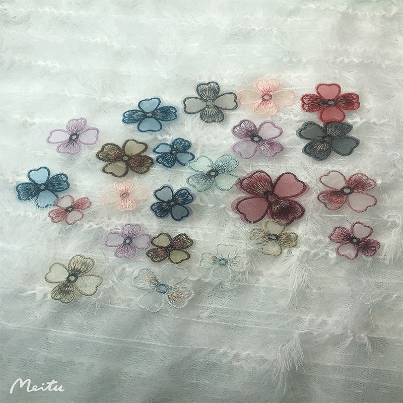 Purple Cherry Blossom Language embroidered chiffon petal four-leaf clover Large embroidered four-petal flower ancient-style hair accessory diy headwear material details Picture