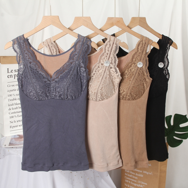 冬款带胸垫厚杯免穿文胸聚拢蕾丝加绒加厚内搭背心打底保暖内衣女